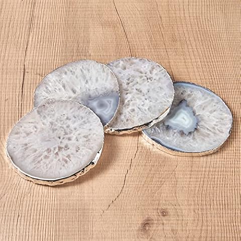 White Agate Coasters for Drinks, Crystal Coasters with Silver Edge, Geode Coasters Set of 4, Natural White Stone Coasters for Coffee Table Cover