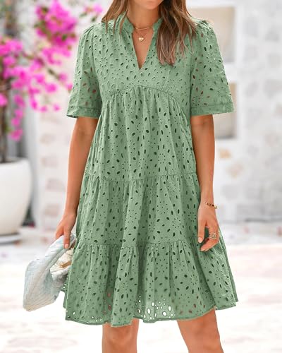 Image of BTFBM Womens Boho Summer Dresses 2026 Spring V Neck Short Sleeve Hollow Out Lace Ruffle Casual Beach Mini Vacation Dress