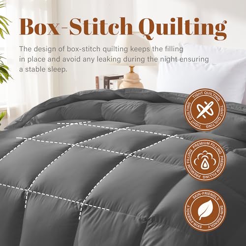 Image of Feather and Down Fiber Comforter Insert King, 100% Cotton Cover | Medium Warmth Grey Duvet Insert, Fluffy Soft Hotel Luxury Bedding for Bedroom, 106 x 90 Inches