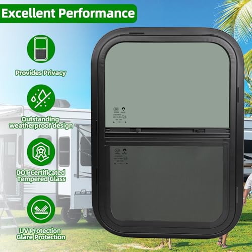 Image of 15 inchW x 22 inchH RV Windows for Cargo Trailer Camper,Tinted Vertical Sliding | Cargo Utility Trailer Window Replacement w /Screen&Trim Ring,Fit 15 /16 inch or 1-3 /8 inch Thick Wall,Allow Error 1 /16,DOT Approved
