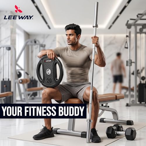 Image of Leeway Olympic Barbell Rod with Plates (120kg Set) | 7ft Chrome Otis Bar 20kg + Weight Plates | 51mm Rubber Coated Olympic Plate | Home Gym Weight Lifting Combo (2.5kgX2+5kgX2+7.5kgX2+10kgX2+15kgX2+20kgX2)