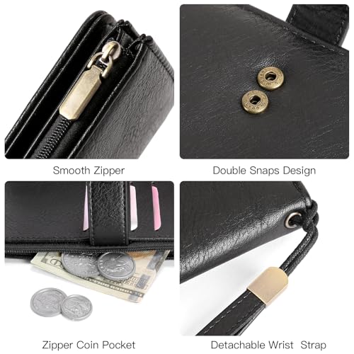 Image of GOIACII Womens Wallets Large Capacity Credit Card Holder RFID Blocking Leather Wallet Wristlet Ladies Clutch Purse Black