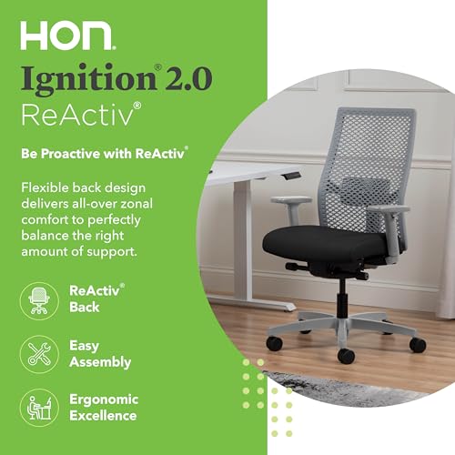 Image of HON Ignition 2.0 ReActiv Ergonomic Office Chair, Mesh Desk Chair with Lumbar Support, Advanced Synchro‑Tilt, Height and Width Adjustable Arms, Swivel Wheels, Titanium Frame, Black