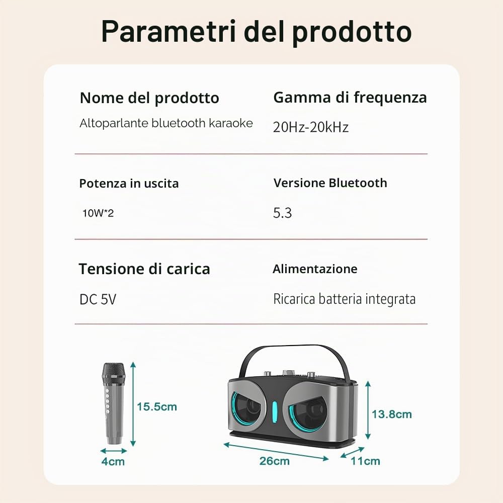 Cassa Bluetooth Karaoke con Microfono, Altoparlante Bluetooth Portatile Microfoni Wireless Karaoke con Megafono e Luci LED per Adulti e Bambini, Partybox Cassa Bmplificata Sistema PA per Feste,Esterno