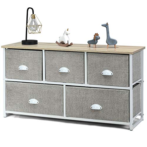 Storage 5 Fabric Drawer Bins Cube Dresser Unit Shelf Organizer Wooden Top Removable Table Display