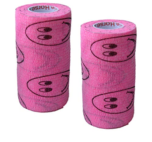 Image of Vet Wrap Wrap Tape (Pink with Smiles) (2 Pack) (4 Inch x 15 feet) Self Adhesive Adherent Adhering Cohesive Flex Self Stick Bandage Grip Roll Dog Cat Pet Horse