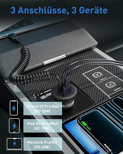 75W Zigarettenanzünder USB-C/A mit 1.2M Spiral Type C Ladekabel, Auto Ladegerät Kfz USB C Schnellladegerät Handy Car Charger 12V Adapter für iPhone 17 16 16e 15 Pro Max, Samsung Galaxy S25 S24 Ultra – Bild 5