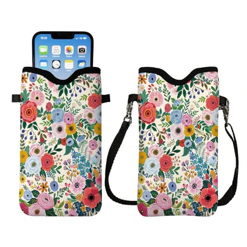 Image of Cell Phone Sleeve Pouch Case Bag with Crossbody Strap Neck Lanyard for Women Girls, Colorful Flower Floral Cell Phone Crossbody Bag 7.1x3.9 Inch
