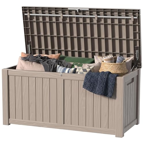Image of 120 Gallon Outdoor Storage Box - 120 Gallon Deck Box Waterproof Patio Furniture, Garden Tools, Cushions, Pool Accessories Outside Storage Resin Box,Light Brown