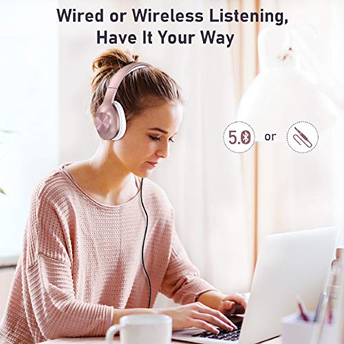 LETSCOM Bluetooth Headphones, 100 Hours Playtime Bluetooth 5.0 Headphones Over Ear with Deep Bass, Hi-Fi Sound and Soft Earpads, Built-in Mic, Wired/Wireless Headset for Home Office-Rose Gold - Thumbnail 5