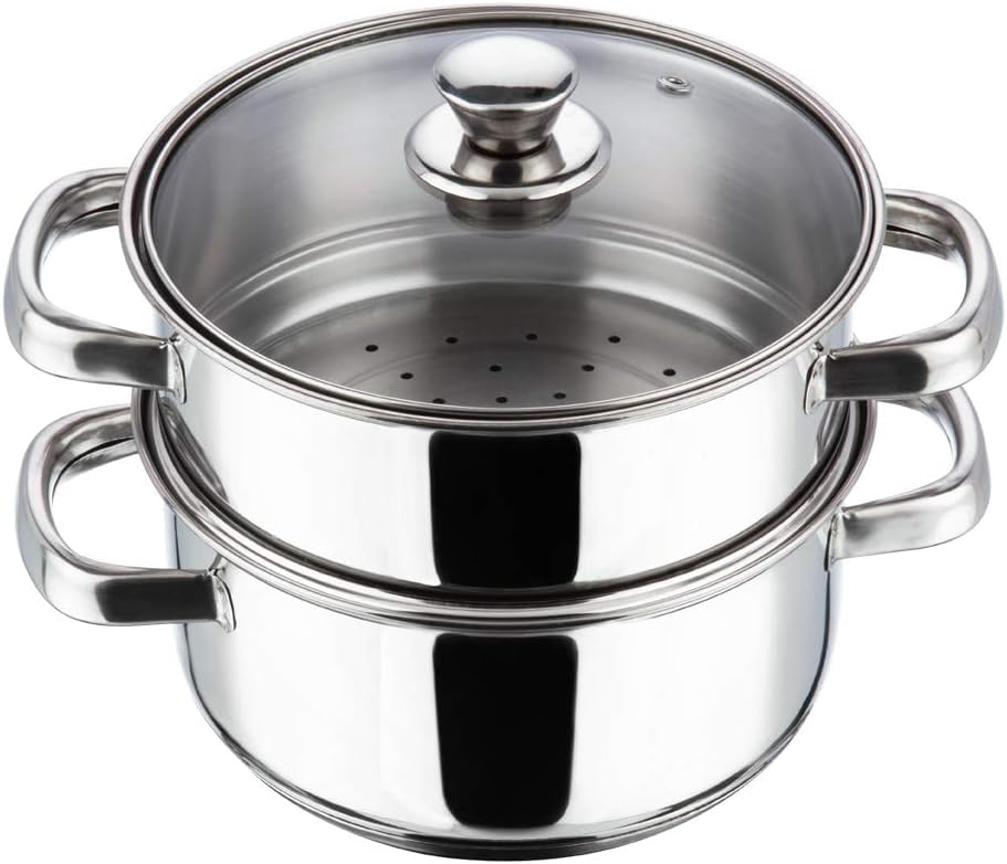 3pcs Stainless Steel Streamer Cooker Pot with Glass Vented Lid, Induction Ready (20 cm -2 Tier Streamer)