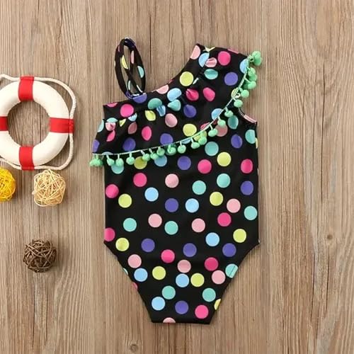 stylesilove Little Girls Polka Dots One Shoulder Pom Pom Trim One-Piece Swimsuit2