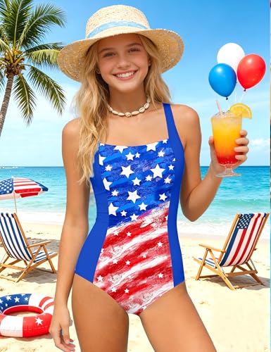 Image of Girls 4th of July Swimsuit Girls 4th of July Bathing Suit Fourth of July Swimsuit One Piece Flag Teen Ruched Adjustable Straps Padded Swimwear Size 12-14