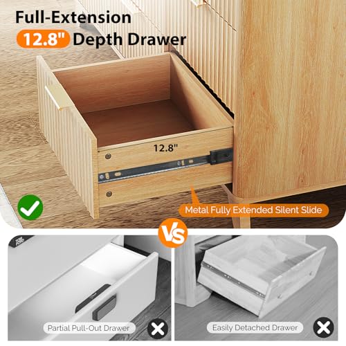 Image of VINGLI Fluted 9 Drawer Dresser for Bedroom, Wood Dresser with Rounded Edges, 57 inch Long Dressers Oak, Natural Wood Color, 57 inch W*15.75 inch D*29.92 inch H