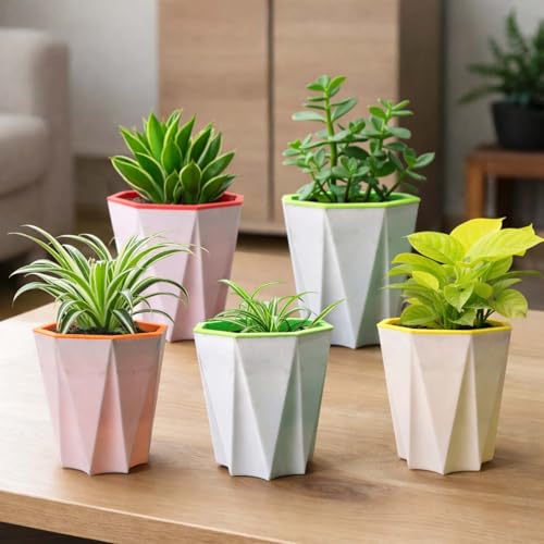 Image of Go Hooked Self Watering Plant Pot (4inch, Pack of 5) | Assorted Plastic Flower Pot with Inner Drainage Insert | Geometric Designer Planter for Indoor Plants, Succulents, Home Decor & Office Table Use