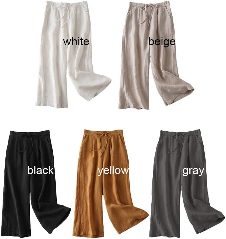 FTCayanz Women's Linen Cropped Wide Leg Pants Elastic Waist Casual Palazzo Trousers with Pockets - Image 4