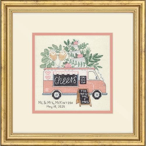 Image of Dimensions 70-65233 Wedding Cheers Counted Cross Stitch Kit for Beginners, 6 inch x 6 inch, 14 Cnt. Ivory Aida, 4 Pieces