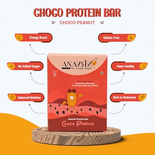 Image of ANAVRIN Choco Peanut Protein Bar - 15g Protein, 2.5g Fibre in each Bar (6 Bars x 50gm) No Added Sugar, No Soy, No Preservatives Gluten Free High Protein Energy Bar, Healthy & Tasty Everyday Snack
