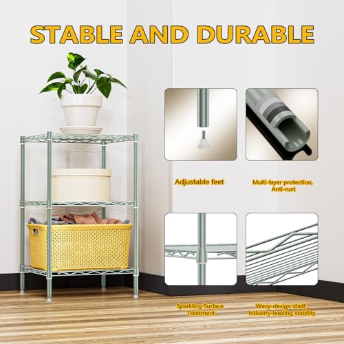 Image of M MZG 750 lbs 3-Shelf Storage Shelves Wire Shelving Unit Standing Metal Rack for Small Places Narrow Wire Rack for Bathroom, Green 13.8 D x 13.8 inch W x 25.5 inch H