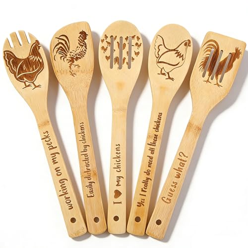 Coq Cuillère en Bois, Coq Ustensiles de Cuisine en Bois, Poule Cadeau pour Femmes, Ensemble de Cuisine en Bambou Naturel Bio, Poule Spatule en Bois...