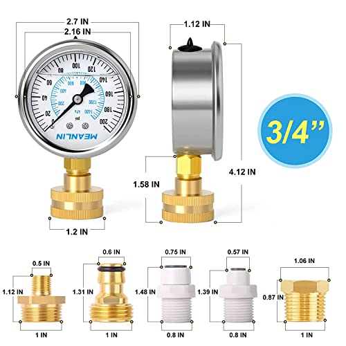 Image of MEANLIN MEASURE 0~200Psi Stainless Steel Frame 3 /4 inch Female Liquid Filled Pressure Gauge kit Plus 5 adapters, 2.5 inch FACE DIAL Multi-Purpose Pressure Gauge kit, Suitable for Gardens, Water Pipes, etc