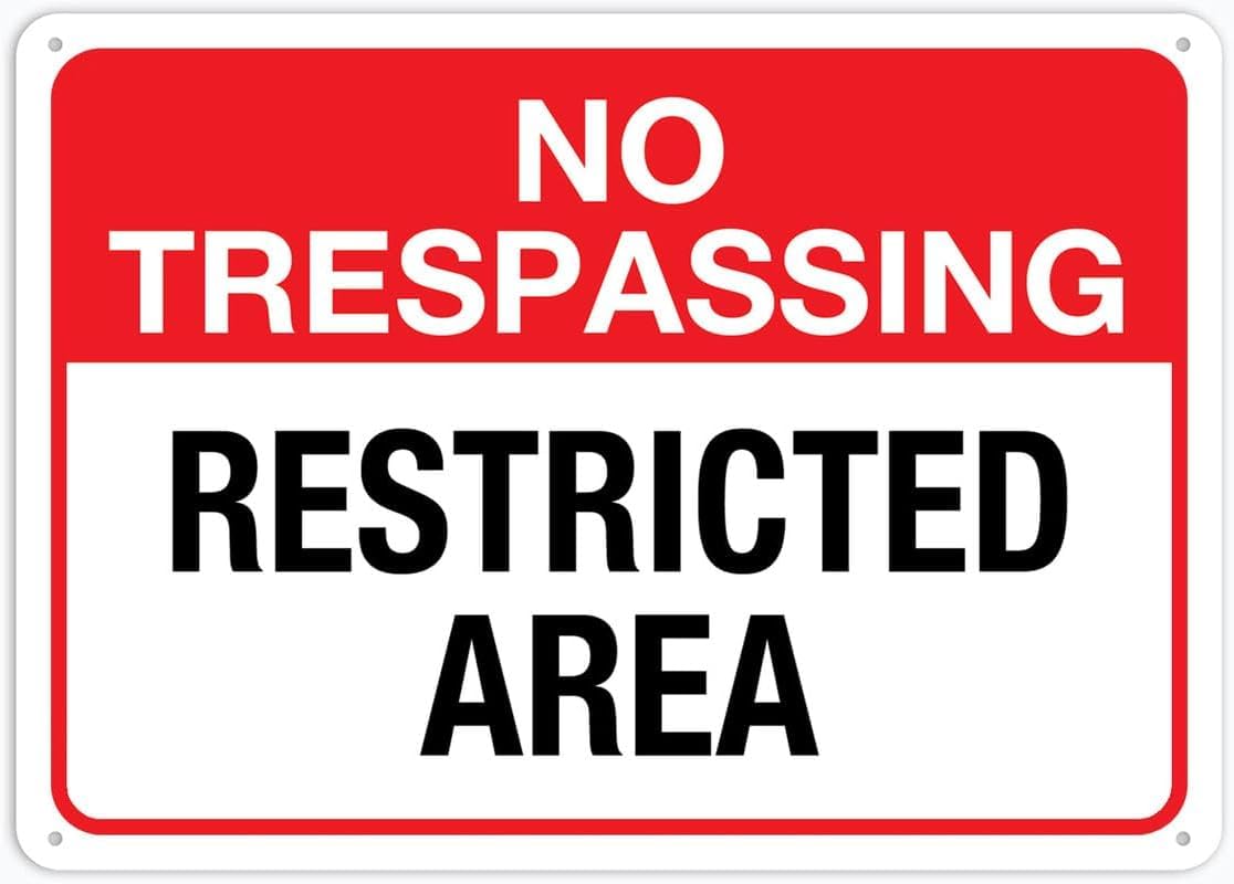 No Trespassing Restricted Area Rust Free Aluminum Tin Sign - Warning Decor with Pre-Drilled Holes for Indoor-Outdoor Factory Control Zone, Lab Secure Area - 8x12 Inch​