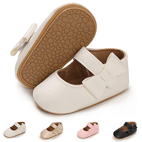 CAKOPEN Baby Girls Boys Mary Jane Flats Shoes Soft Anti-Slip Rubber Sole Baby Girls Crib Shoe Toddler First Walking Sneaker Princess Dress Shoes(6-12 Months Infant B/White)