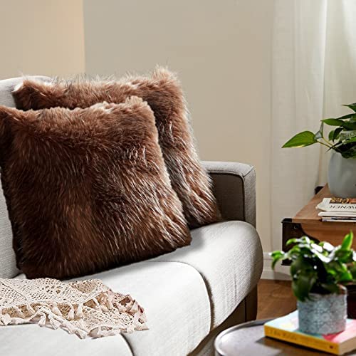 Catchyx Cart Luxury Soft Faux Fur Cushion Cover Pillowcase Decorative Throw Pillows Covers, No Pillow Insert, 16" x 16" Inch, White, 2 Pack (Coffee Brown)-image-5