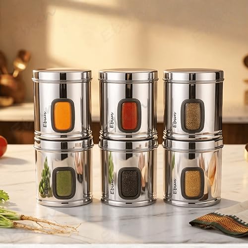 Image of Ebun Stainless Steel See Through Small Containers | Stainless Steel Container with Lid | Steel Kitchen Containers Set | Steel Airtight Container | 750 Gms Capacity | Pack of 6