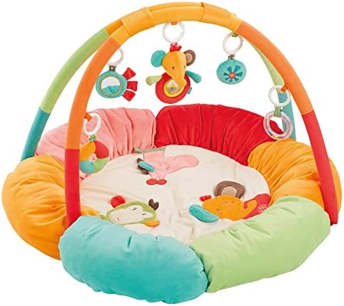 Fehn 3D-Activity-Nest Safari – Weicher Spielbogen für Babys | 5 abnehmbare Spielzeuge fördern Greifen, Sehen und Hören – zum Spielen im Liegen und Krabbeln – für Kleinkinder ab 0 M