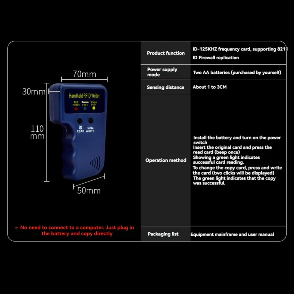 Handheld RFID 125KHz Programmer de Cartes D'Identité et Copieur, Est Livré avec 5 Clés et 5 Cartes pour EM4305 T5577