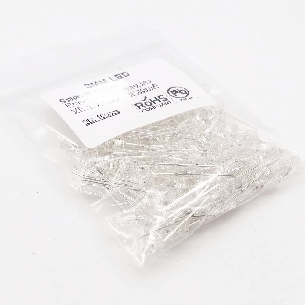 110-Pack 3mm White LED Diodes - Clear Round, 3V 20mA, For Electronics Projects & Indicators