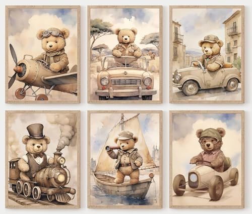 Image of 6pcs Cute Bear Nursery Wall Art Funny Vehicle Canvas Poster Kids Wall Decor Vintage Car Prints Baby Pictures Transportation Plane Painting Train Truck Artwork for Boy's Girl's Bedroom Unframed