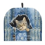 SCRAWLGOD Té con estampado de gato de mezclilla 3D, acogedor, para tetera aislada, lavable, cubre el polvo, calentador de desayuno para el hogar, cocina, oficina, vacaciones, decoración de fiesta