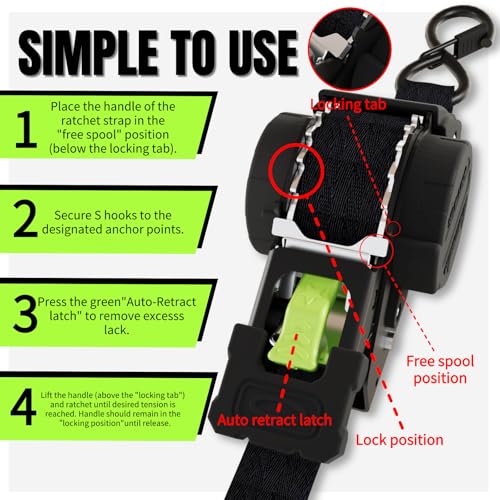Retractable Ratchet Straps 1\'\'x 12ft Heavy Duty Tie Downs Bolt on Auto Retract Ratchet Strap 1760lb Break Strength Self Retracting for Truck,Cargo,Trailer,Motorcycle,ATV,UTV (Black-Green,2 Pack)