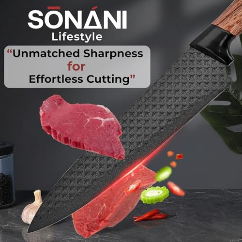 Image of Professional Piece Kitchen Knife Set - High Carbon Stainless Steel Chef, Utility & Santoku Knives with Ergonomic Blue Handles Knife (Black, 6 piece)