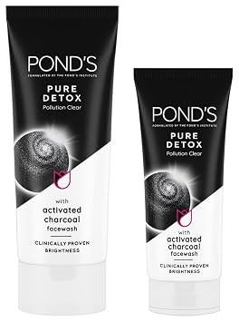 POND'S Pure Detox Face Wash 200 g, Daily Exfoliating & Brightening Cleanser, Deep Cleans Oily Skin - With Activated Charcoal for Fresh, Glowing Skin & POND'S Pure Detox Face Wash 100 g
