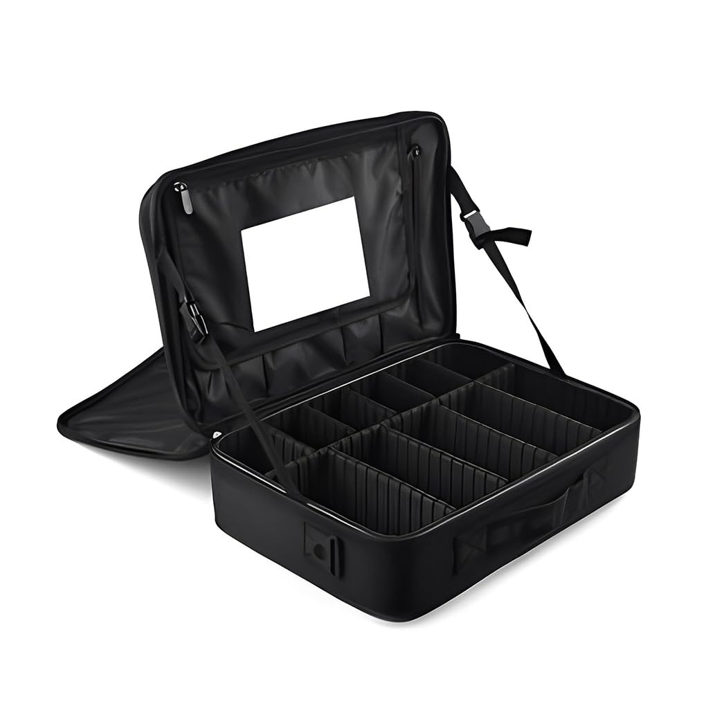 Custodia per trucco Scatola portaoggetti Porta cosmetici Multiuso Regolabile Impermeabile Spazzole di grande capacità Scomparti organizer, L (con specchio)