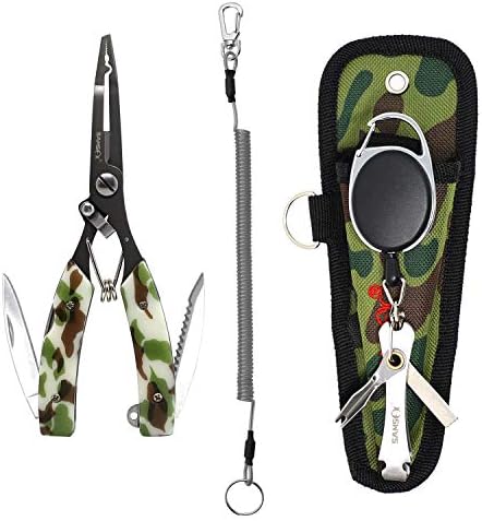 SAMSFX Locking Fishing Pliers Saltwater Resistant Teflon Coated Briad Line Cutters with Wire Coiled Lanyard, Sheath & Quick Knot Tool Combo
