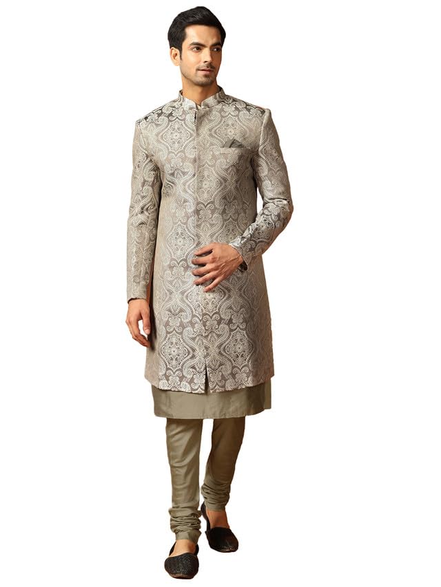 KISAH Mens Kurta Sherwani Churidar Set, Woven Design Silk Blend Grey Kurta Indo-Western Set for Men KISAH Mens Kurta Sherwani Churidar Set, Woven Design Silk Blend Grey Kurta Indo-Western Set for Men