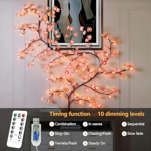 Image of P SEVEN Cherry Blossom LED String Lights, Pink Flower Vine Wall Decor with Remote Control, USB Powered, DIY Indoor Decoration (Cherry Blossom Willow Light)