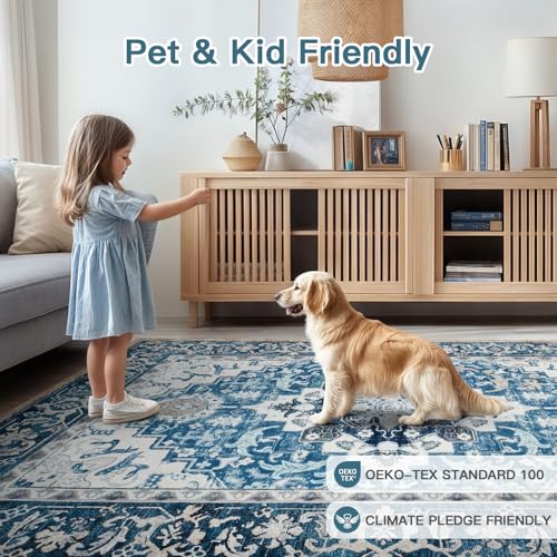 Lofus 8x10 Area Rugs for Living Room, Washable Area Rug, Rugs for Bedroom, Kitchen, Vintage Boho Carpet, Soft Non-Slip, Low Pile Large Area Rug for Office Dining Room, Floral Light Blue