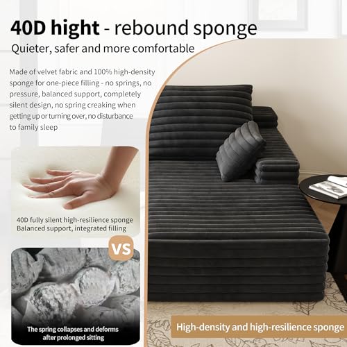 80” Oversized Double Lounge Chaise,Cloud Plush Sofa Bed,Upholstered Boneless Cloud Sofa Deep Seat,No Assembly Required,Modern Corduroy Sleeper Loveseat Chair for Living Room Bedroom Reading,Black