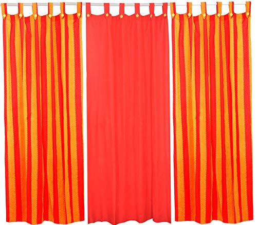 Image of 8 Feet Cotton Stripe and Solid Light Filtering Semi Darkening Button Type Tab Top Loop Door Curtain Pack of 3. (Orange Multi, 4 x 8 ft - Long Door Curtain)