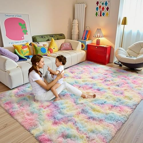 5x7 ft Fluffy Rainbow Area Rug for Bedroom Soft Fuzzy Living Room Rug Non-Slip Shag Rugs Carpet for Nursery Kids Play Room Dorm Office Indoor Modern Plush Carpets
