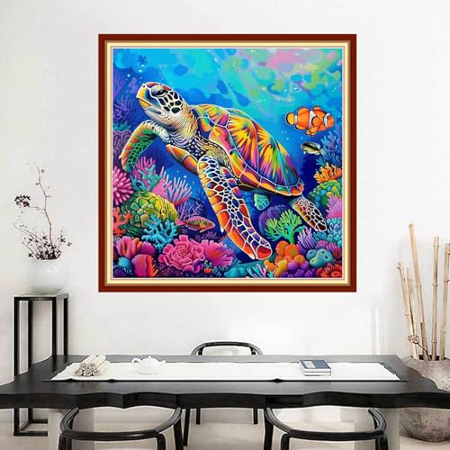Image of Joyhoor Stamped Cross Stitch Kits for Beginners Needlepoint Kits for Adults Embroidery Kits 11CT Counted Cross Stitch Kits Printed Embroidery Pattern-Colorful Sea Turtle 18x18 inchs