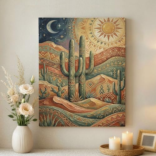 Toile murale plantes du désert 40x50 cm, déco bohème tons terreux