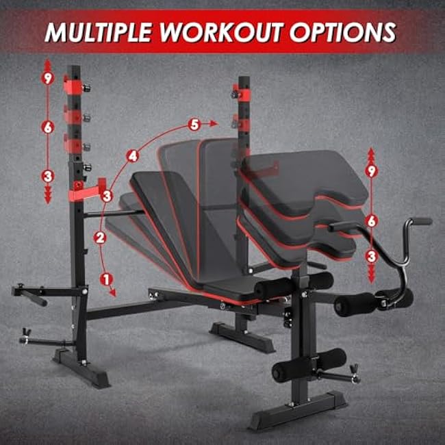 Arlopu 900LBS 6-in-1 Adjustable Weight Bench Set W/Leg Extension and Preacher Curl, Multi-Function, Olympic Foldable Bench Press Set W/2 Pegs and 40¡®¡¯ Squat Rack, Flat Exercise Workout for Home Gym
