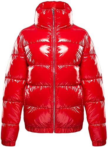 Dina Weis Women's Casual Quilted Shiny Padded Puffer Jacket Winter Warm Zip Short Bubble Coat (Red, Medium) #TOP5