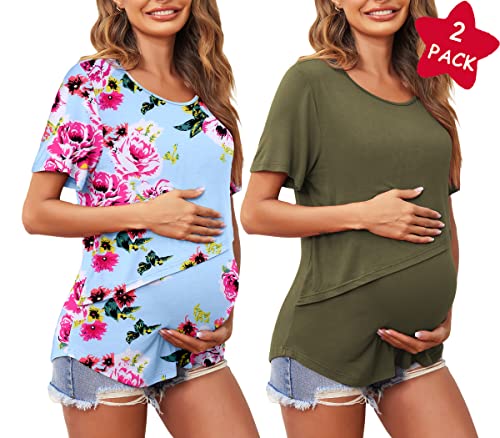 Ekouaer Womens Breastfeeding Tops Sof Shor Sleeve Double Layer Creneck Nursing T Shirts (Army Green&Blue Floral S) #TOP1